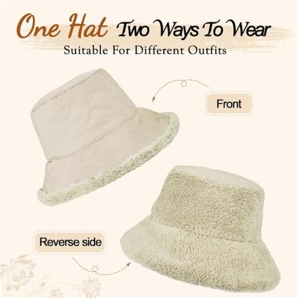 Women\'s Fuzzy Bucket Hat Wide Brim Faux Fur Winter Warm Hat, Off-white main image 5